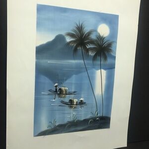 Vintage Moonlit Waterscape Asian Folk art Painting on Fabric 8.5”x12”